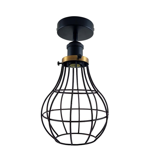 Vintage Industrial Loft Black Cage Metal Flush Mount Ceiling Light