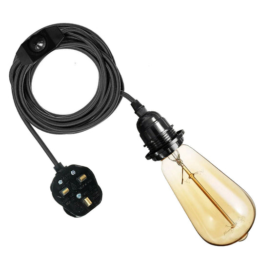 4M Fabric Flex Cable UK Black colour Plug In Pendant Lamp Light Set E27 Bulb Holder+ switch~3747 - Electricalsone UK Ltd