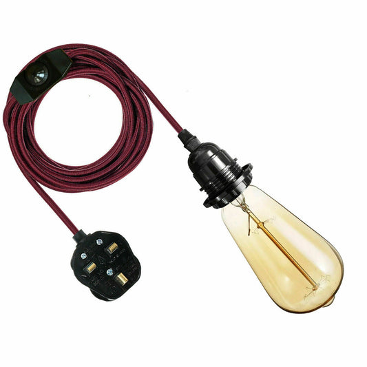 4M Fabric Flex Cable UK Burgundy colour Plug In Pendant Lamp Light Set E27 Bulb Holder+ switch~3745 - Electricalsone UK Ltd