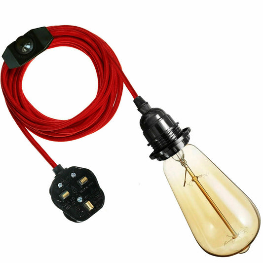 4M Fabric Flex Cable UK Red colour Plug In Pendant Lamp Light Set E27 Bulb Holder+ switch~3752 - Electricalsone UK Ltd