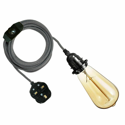 4M Fabric Flex Cable UK Black & white colour Plug In Pendant Lamp Light Set E27 Bulb Holder+ switch~3751 - Electricalsone UK Ltd
