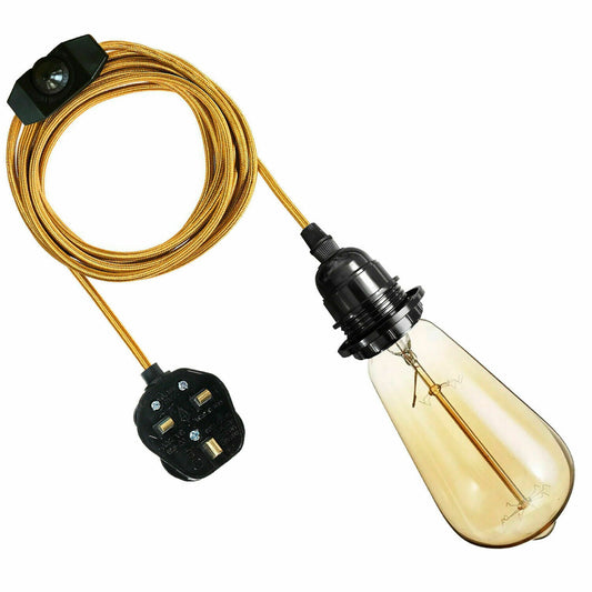 4M Fabric Flex Cable UK Gold colour Plug In Pendant Lamp Light Set E27 Bulb Holder+ switch~3749 - Electricalsone UK Ltd