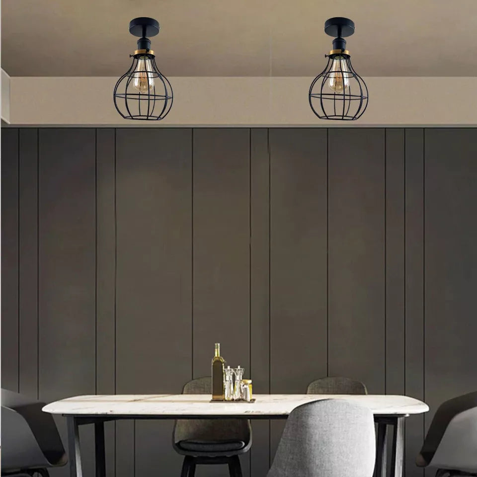 Vintage Industrial Loft Black Cage Metal Flush Mount Ceiling Light