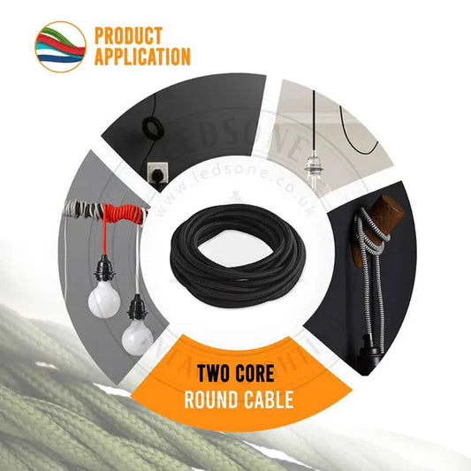 2 core Round Vintage Braided Fabric Cable Flex 0.75mm Black