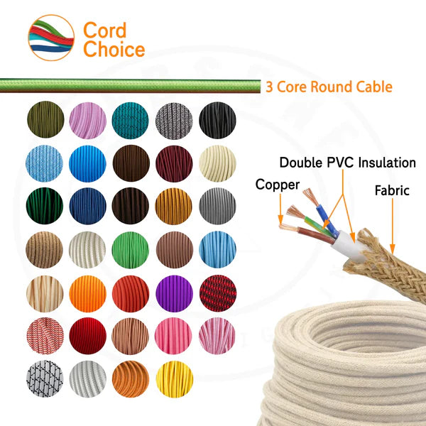 10m 3 core Round Vintage Braided Fabric Red+Black Hundstooth Coloured Cable Flex 0.75mm