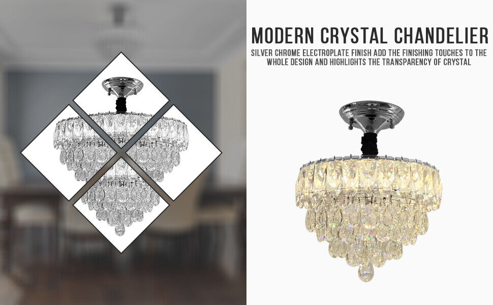 Vintage Crystal Chandelier Clear And Chrome Semi Flush Mount Ceiling Light E14