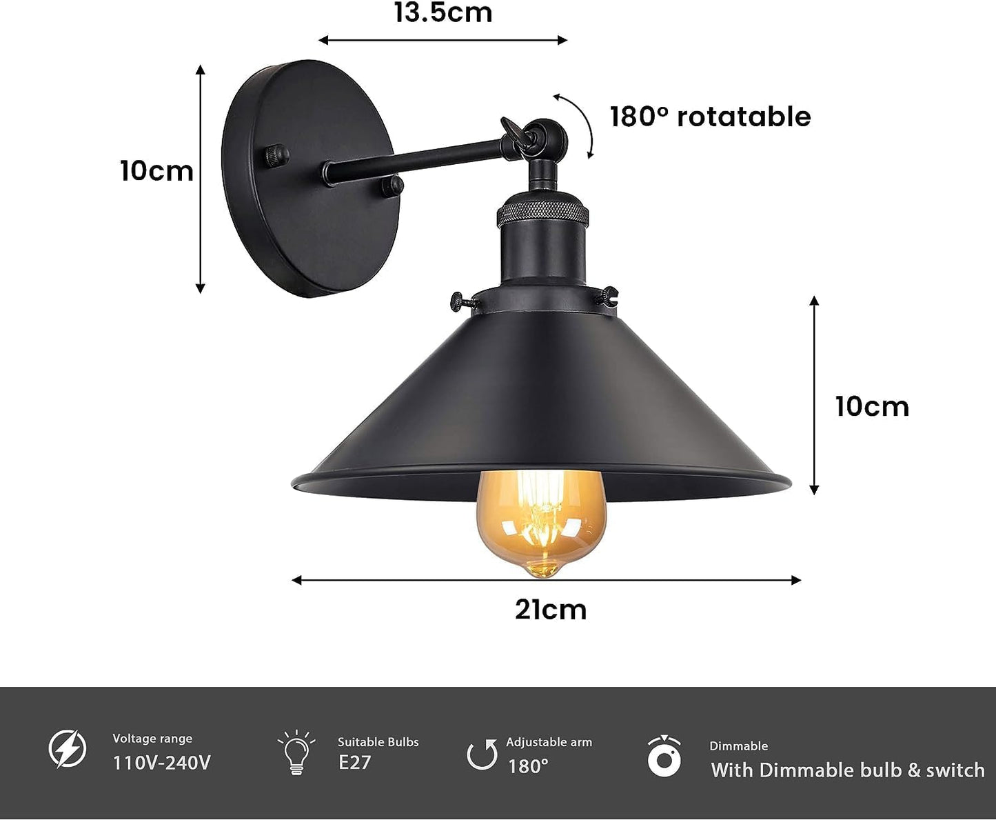 Metal Cone Shade E27 Adjustable Arm Wall Sconce Metal Wall Lights