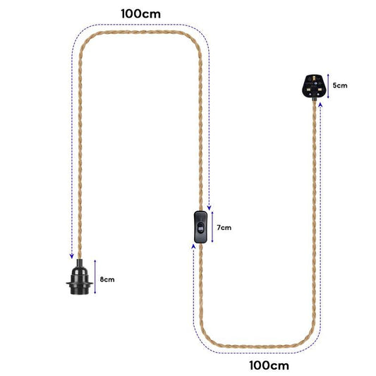 Industrial Hanging Adjustable Hemp Rope ON/OFF Switch UK Plug Pendant Light-Size