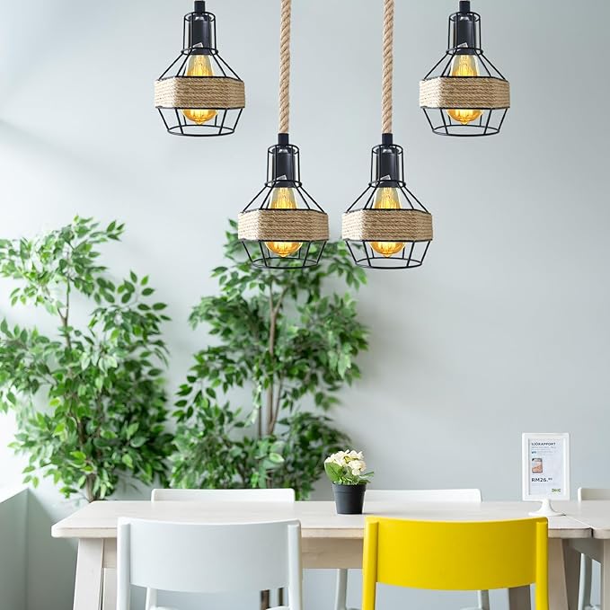 Retro Hemp Rope Hanging Ceiling Pendant light with Hemp cage