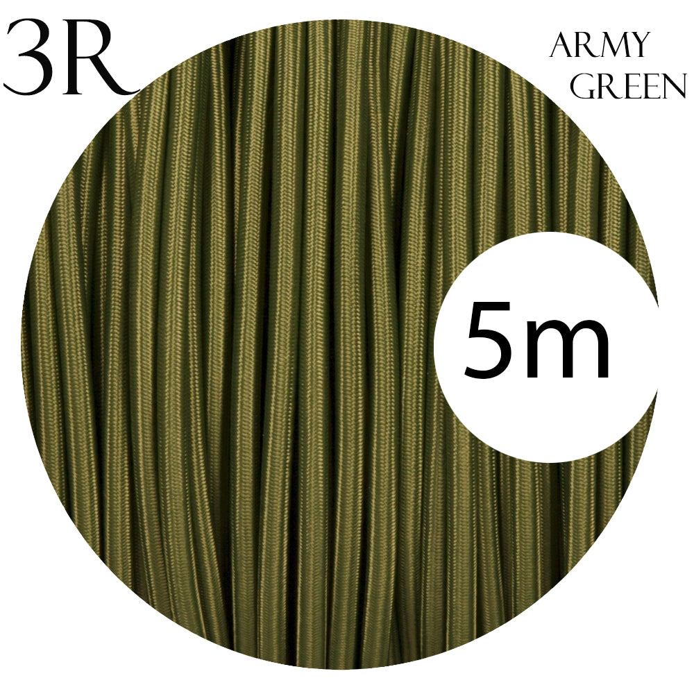 3 Core Army Green Round Vintage Italian Braided Fabric Cable Flex 0.75mm UK