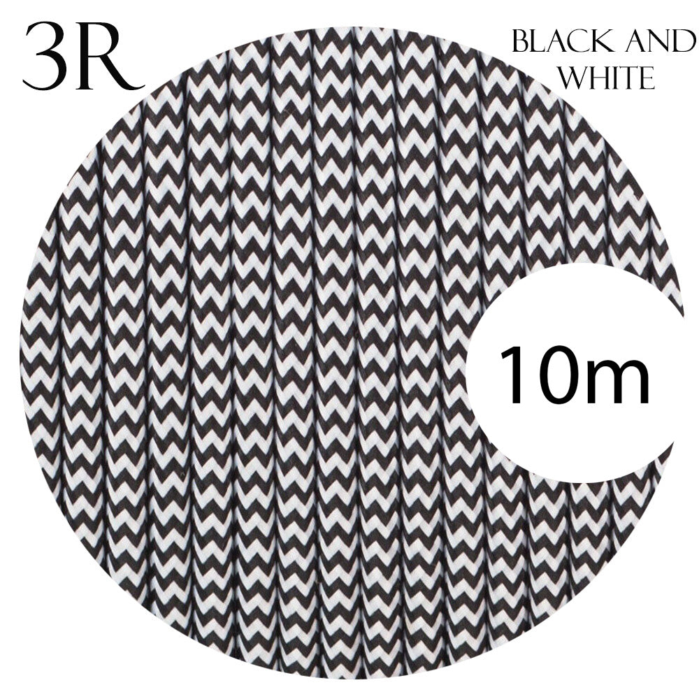 3 core Round Vintage Braided Fabric Black and White Cable Flex 0.75mm