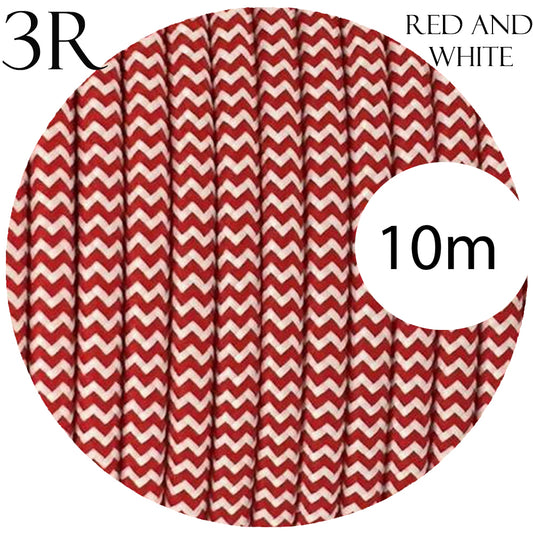 3 core Round Vintage Braided Fabric Red and White Coloured Cable Flex 0.75mm