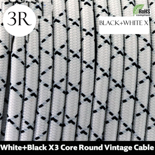 3 core Round Vintage Braided Fabric Black &White - X Coloured Cable Flex 0.75mm