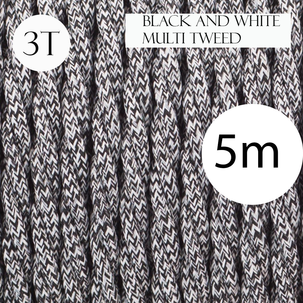 3 Core Twisted Black & White Multi Tweed Vintage Electric fabric Cable Flex 0.75mm