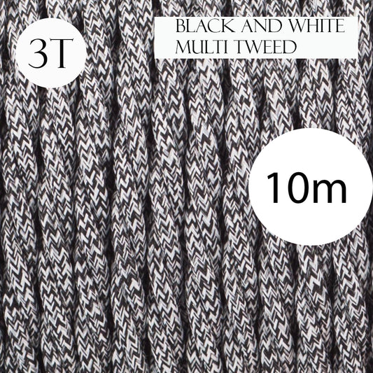 3 Core Twisted Black & White Multi Tweed Vintage Electric fabric Cable Flex 0.75mm