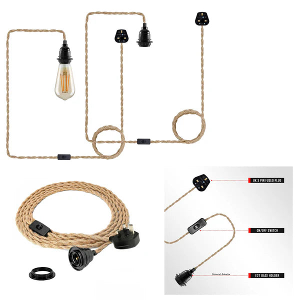 Industrial Hanging Adjustable Hemp Rope ON/OFF Switch UK Plug Pendant Light cable