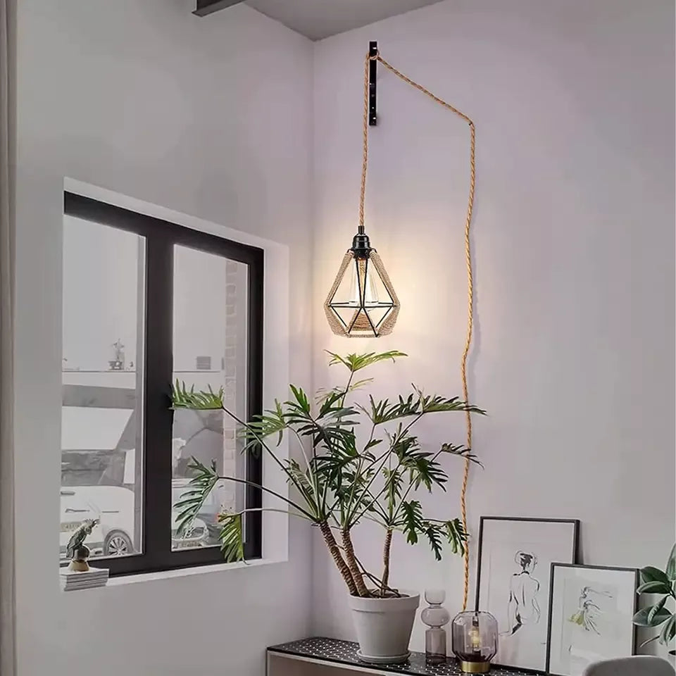 Industrial Hanging Adjustable Hemp Rope ON/OFF Switch UK Plug Pendant Light cable