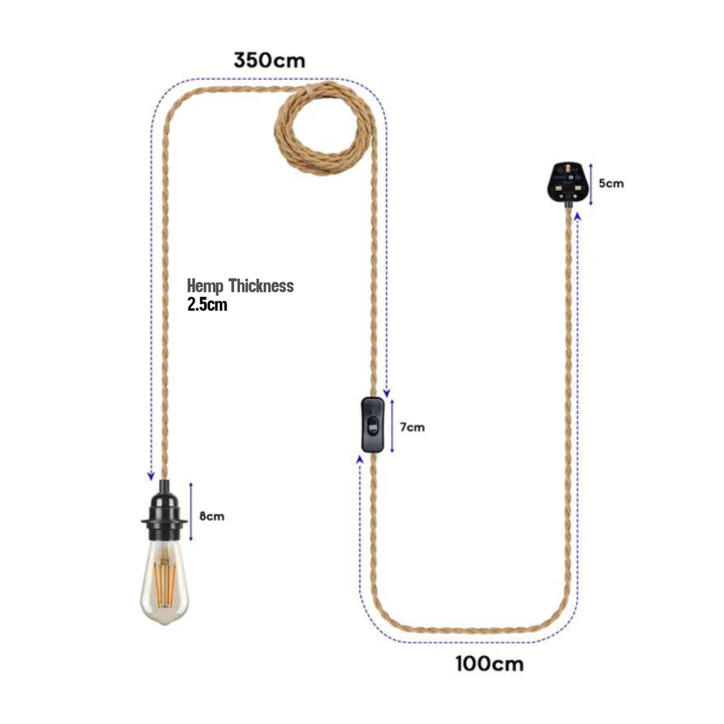 Industrial Hanging Adjustable Hemp Rope ON/OFF Switch UK Plug Pendant Light cable