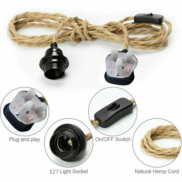Industrial Hanging Adjustable Hemp Rope ON/OFF Switch UK Plug Pendant Light cable