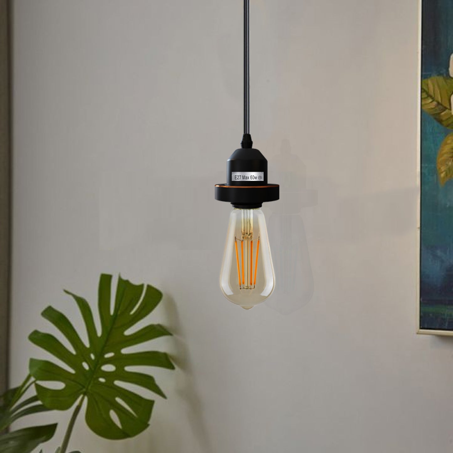 Pendant light E27 holder with durable plastic shade ring and 1M hanging cable
