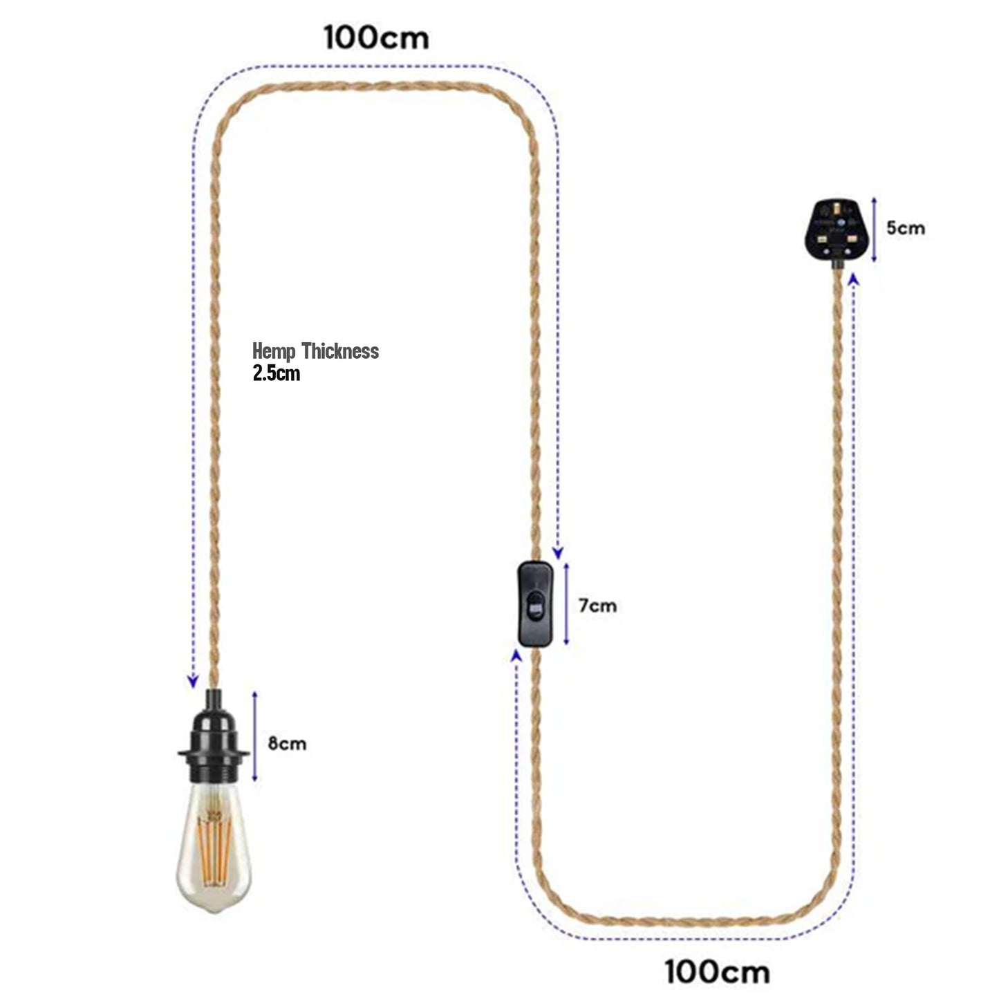 Industrial Hanging Adjustable Hemp Rope ON/OFF Switch UK Plug Pendant Light cable