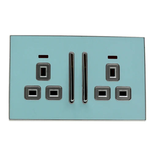 Decorative Blue Glossy Main Plug Sockets Full Range Satin Gold Inserts UK