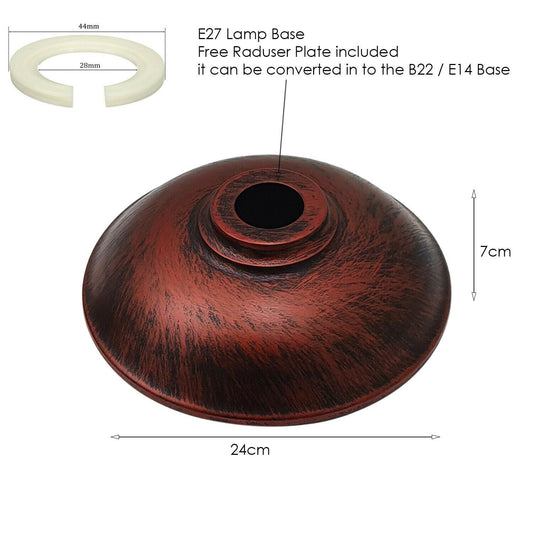 A brushed copper colored vintage retro pendant shade with a free reducer plate, showing dimensions of the shade.