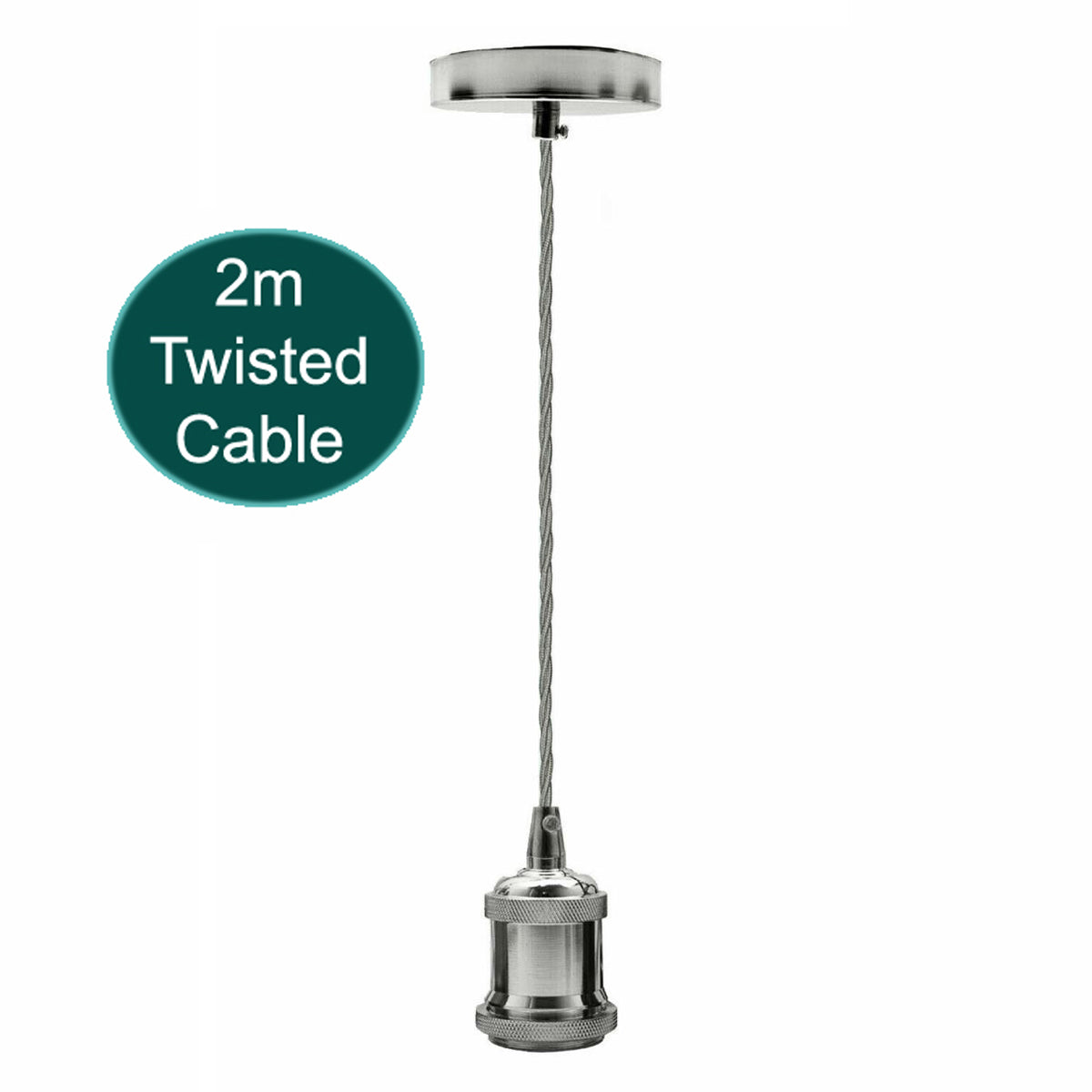 2m Grey Twisted Cable E27 Base Chrome Pendant Holder~1731 - electricalsone UK Ltd