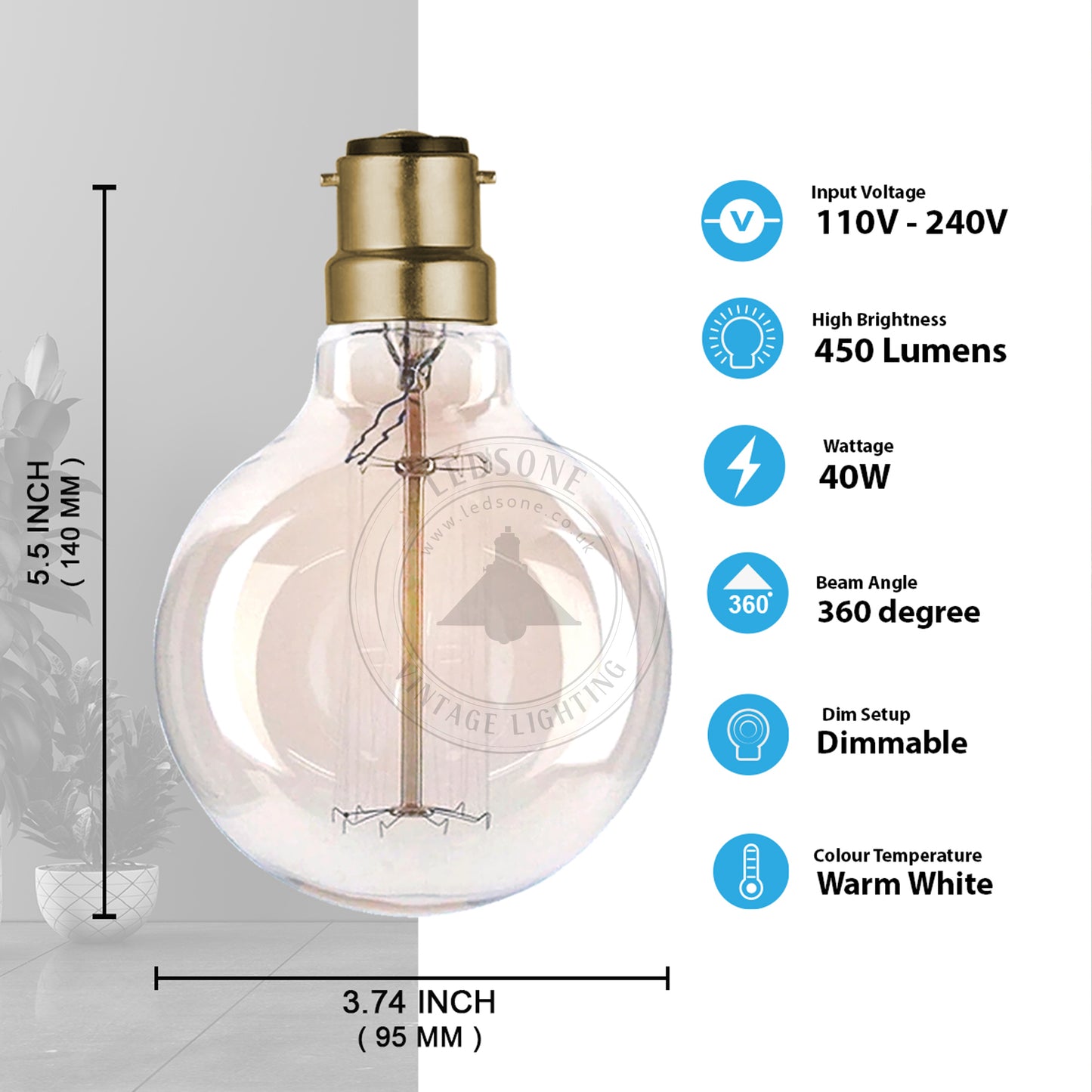 Dimmable G95 B22 40W Edison Vintage Filament Globe Light Lamp Bulb