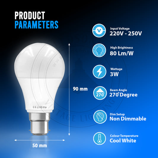 3W B22 Screw LED Light GLS bulbs, Energy Saving Edison Cool White 6000K non dimmable lights