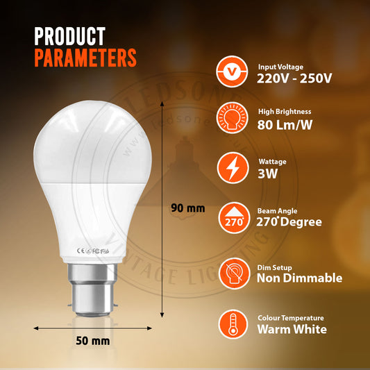 B22 3W Energy Saving Warm White LED Light Bulbs A60 B22 Screw-in non dimmable bulbs