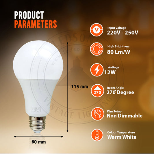 E27 12W Energy Saving Warm White LED Light Bulbs A60 E27 Screw-in non dimmable bulbs