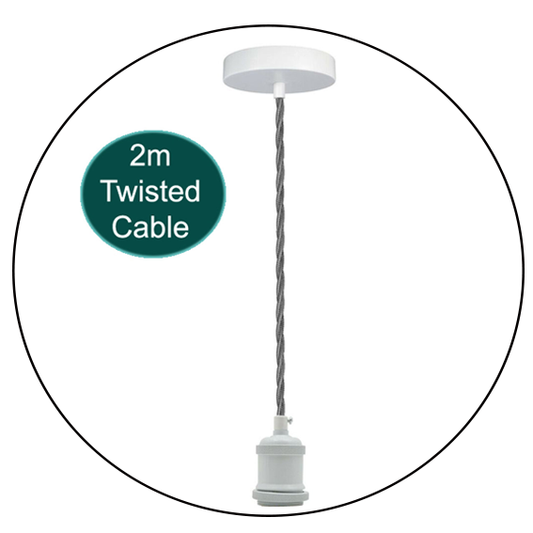 2m Grey Twisted Cable E27 Base Pendant White Holder~1738