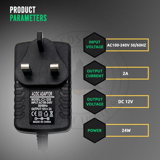 Input voltage AC 100-240V 50-60Hz, Output current 2A, Output voltage DC 12V, and Power 24W.