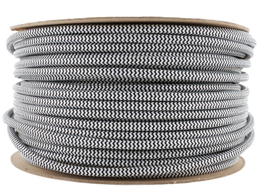 3 Core Fabric Cord Coloured Cable Braided Flex Black & White
