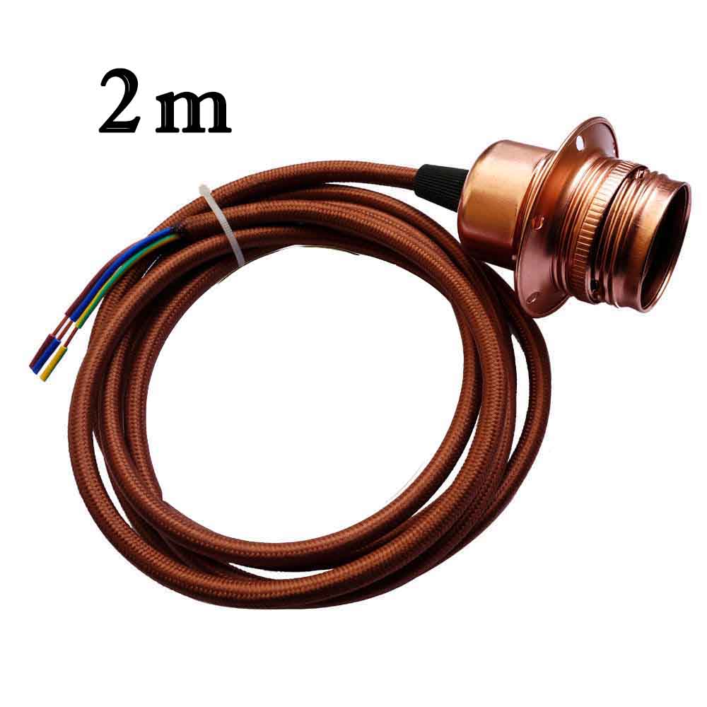 E27 copper aluminum pendant holder with 2m brown fabric 3 core cable