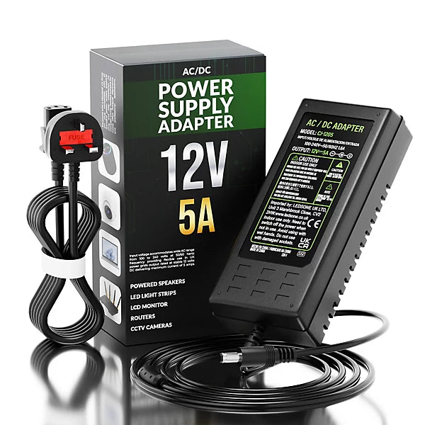 12V 5A power supply adapter with packaging on a white background