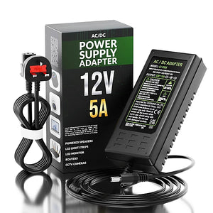 12V 5A power supply adapter with packaging on a white background