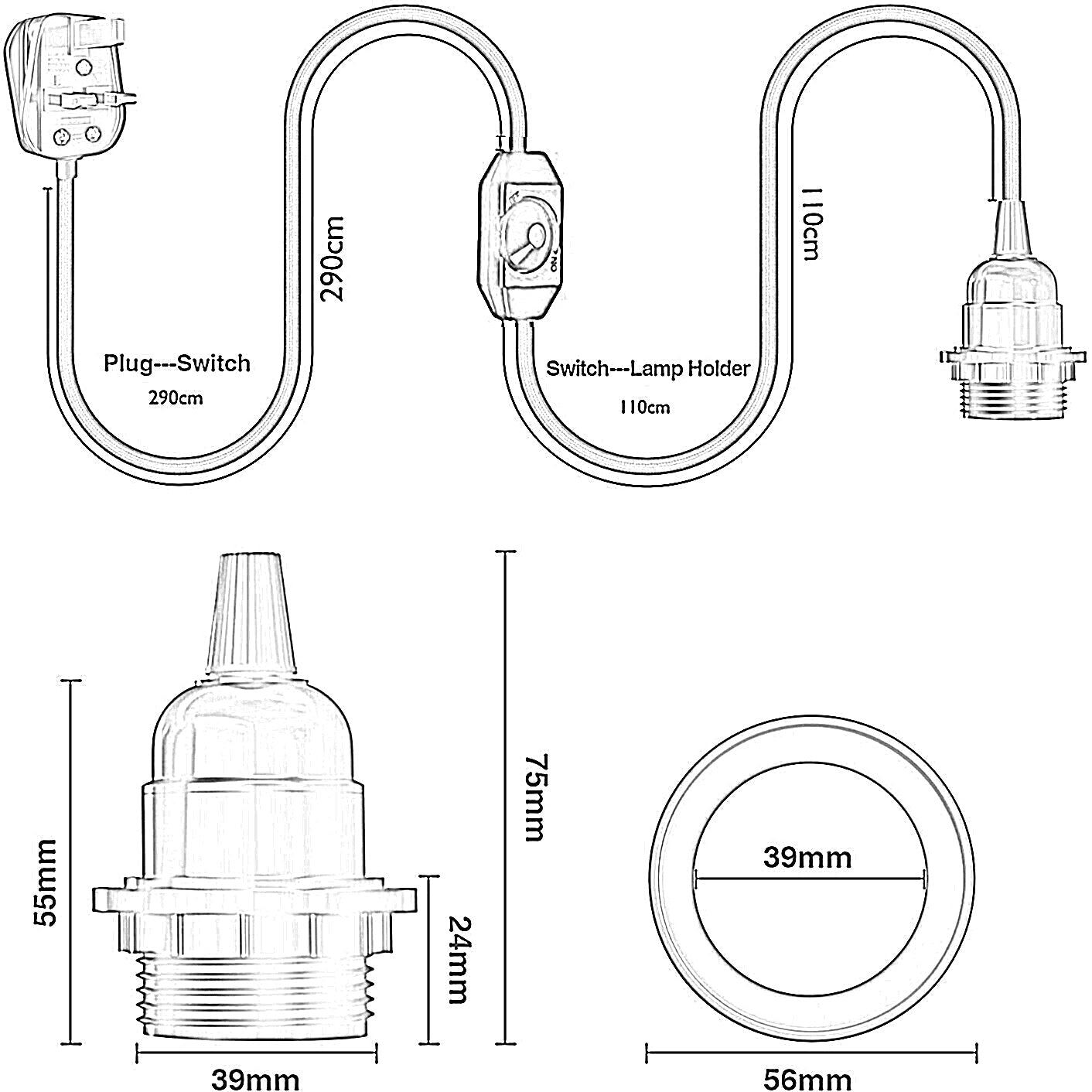 4M Fabric Flex Cable UK Black colour Plug In Pendant Lamp Light Set E27 Bulb Holder+ switch~3747 - Electricalsone UK Ltd