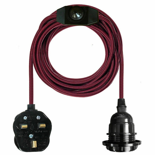 4M Fabric Flex Cable UK Burgundy colour Plug In Pendant Lamp Light Set E27 Bulb Holder+ switch~3745 - Electricalsone UK Ltd