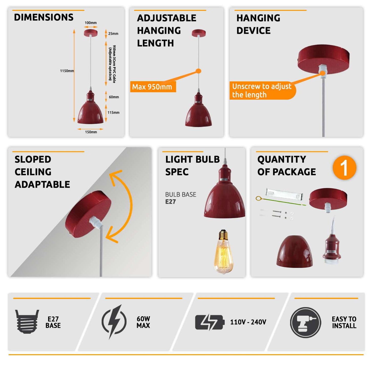 Industrial Vintage Retro Adjustable Ceiling Various Colours Pendant Light .