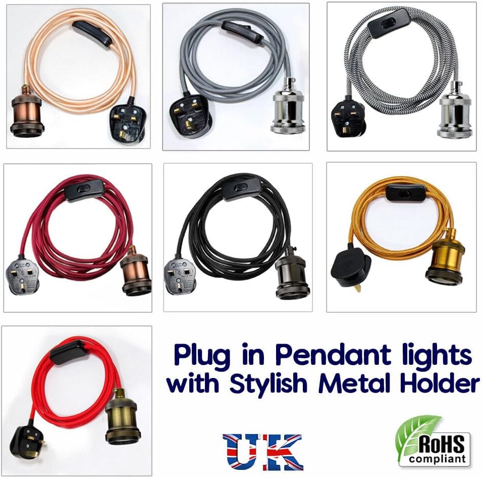 2m Plug-In Pendant Set with Flex Cable and Bulb Holder  65cm Length