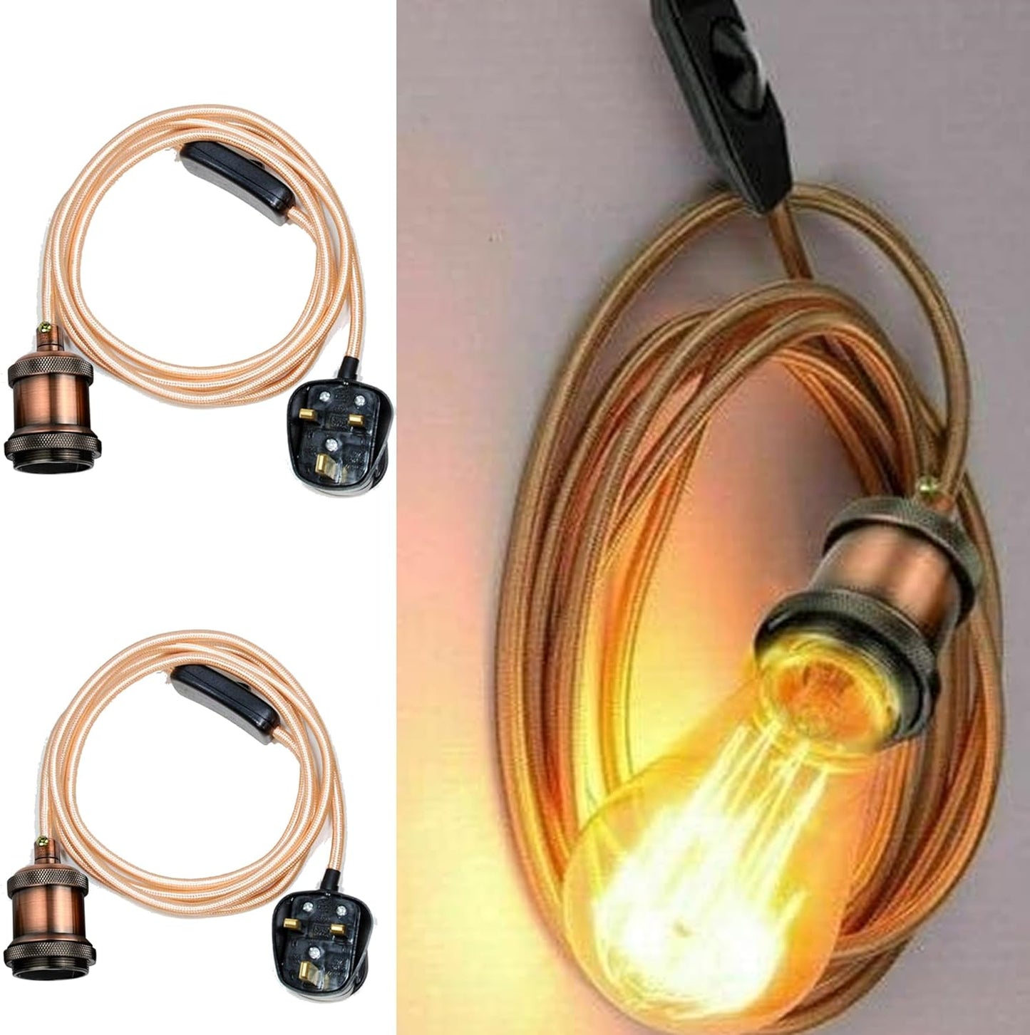 2m Plug-In Pendant Set with Flex Cable and Bulb Holder  65cm Length