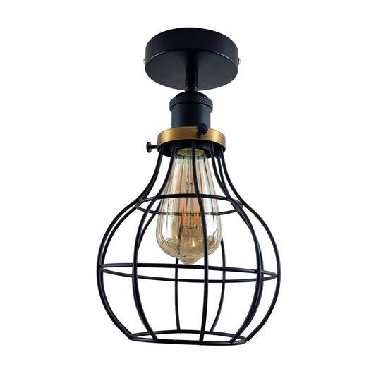 Vintage Industrial Loft  Black Cage Metal Flush Mount Ceiling Light