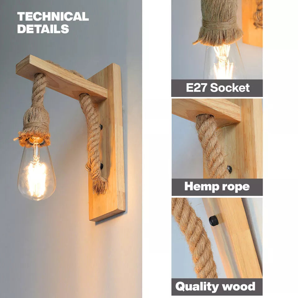 Industrial Wooden Hemp Rope E27 Wall Mounted Sconce Light