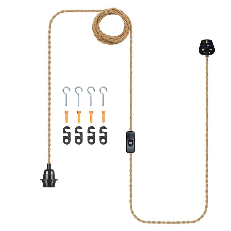 Industrial Hanging Adjustable Hemp Rope ON/OFF Switch UK Plug Pendant Light