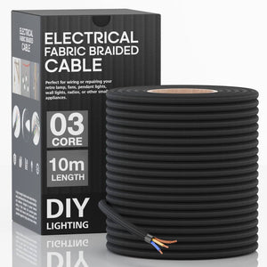 3 Core Fabric Braided Electrical Cable - 10m Black Retro DIY Lighting Flex Wire