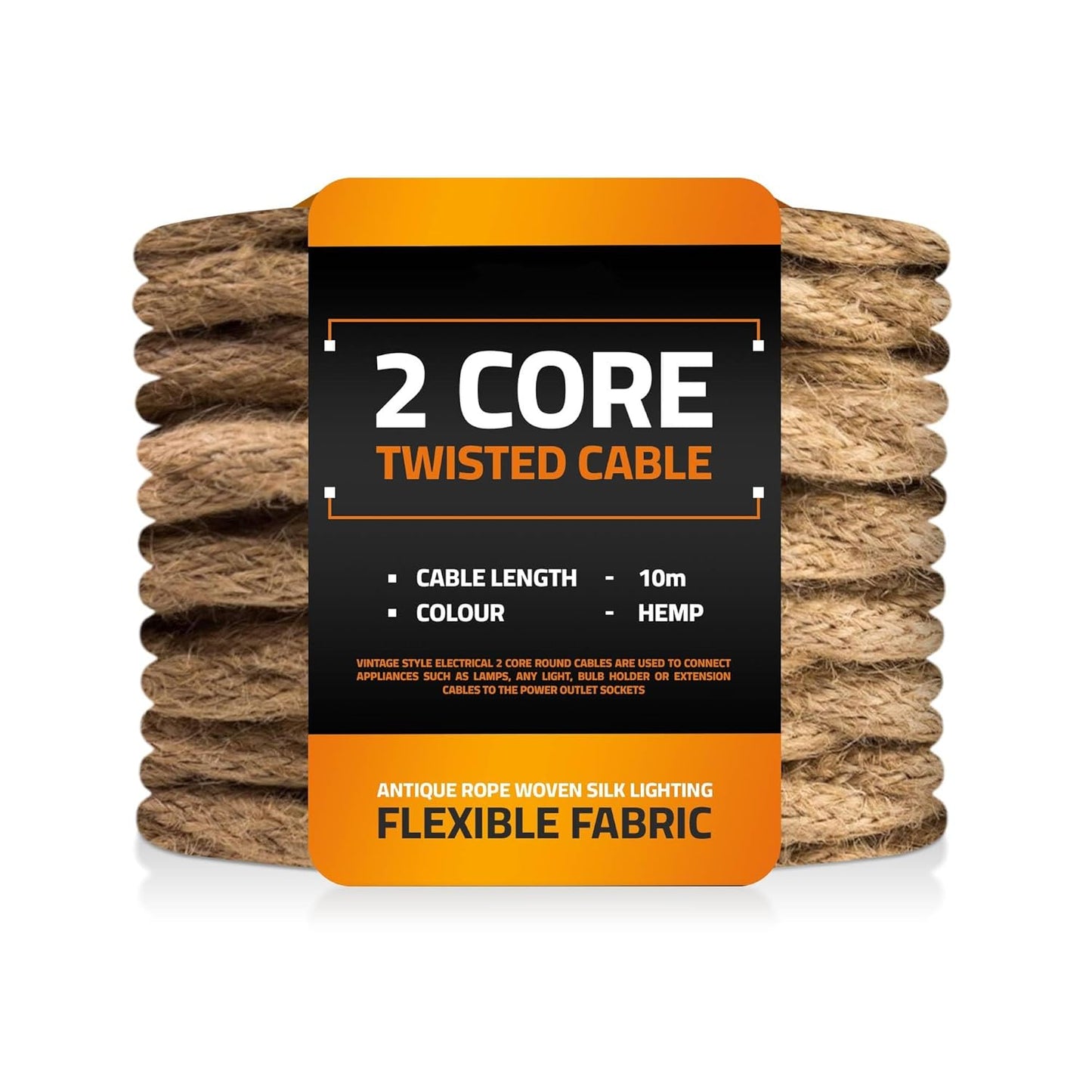 2 Core Twisted Hemp Rope Cable - 10m Vintage Style DIY Lighting Flex Wire