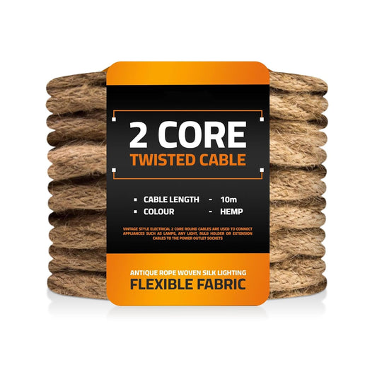 2 Core Twisted Hemp Rope Cable - 10m Vintage Style DIY Lighting Flex Wire