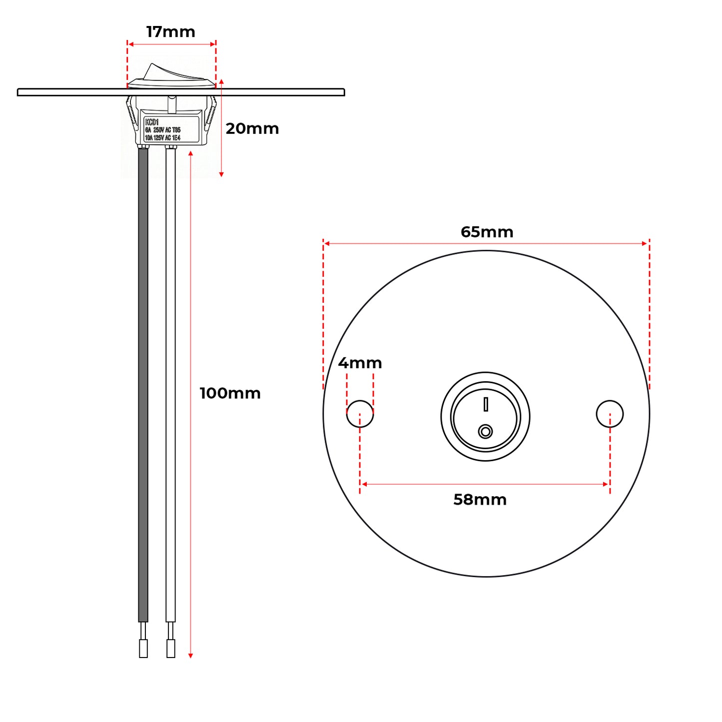 Round Rocker Switch 10A ON Off Panel Mount for Junction Box